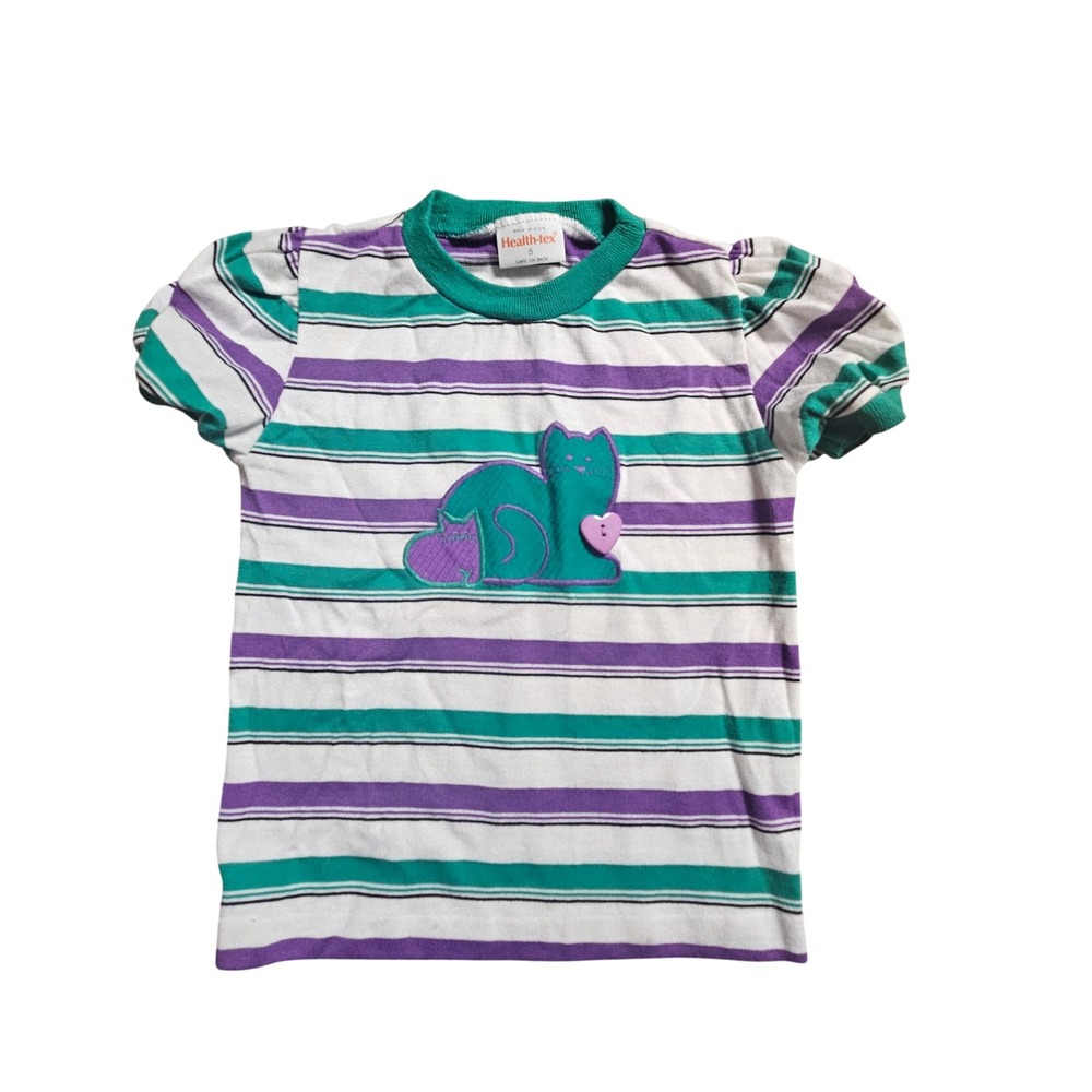 Vintage Health-Tex Striped Cat Applique T-Shirt Girls 5 Retro 80s Kidcore